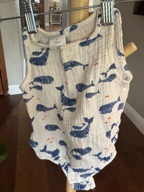 Starting Out Whale Print Muslin Romper Baby 6 Months Nautical Bubble Gauze